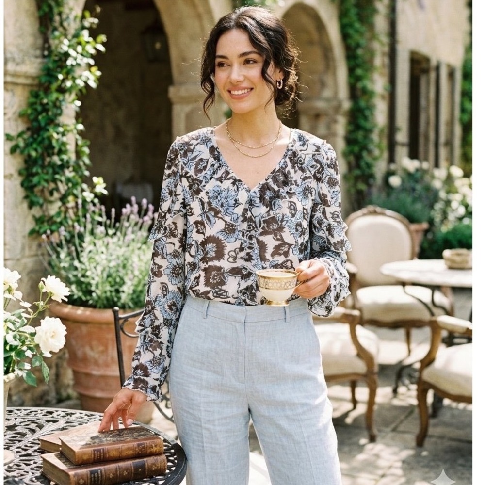 Carolyn Taylor Floral Mesh Ruffle V-Neck Blouse Brown Blue Long Sleeve L